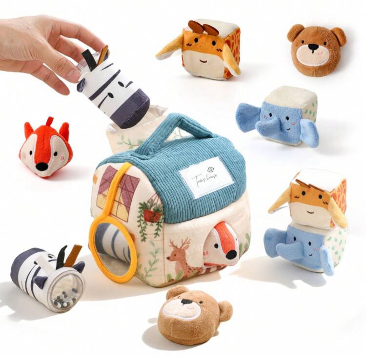 Brinquedo sensorial de pelúcia para reconhecimento de cores e animais, ajuda no desenvolvimento motor